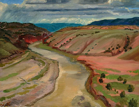 Painting of river running between two hills (pink and red). Blue hills in background