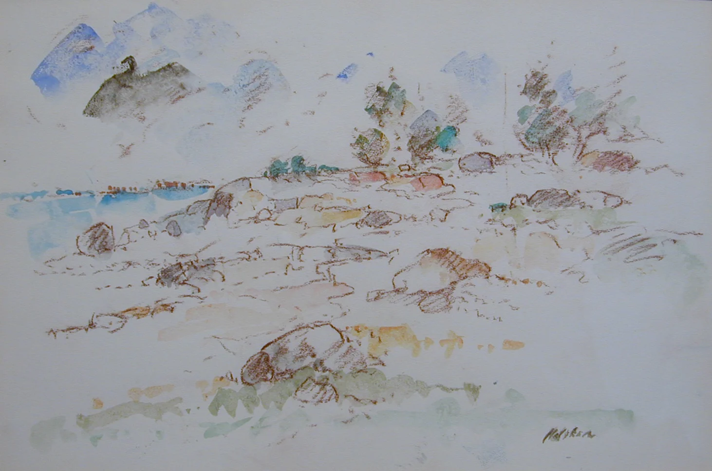 Abstract watercolor and crayon of rocks, water, and sky