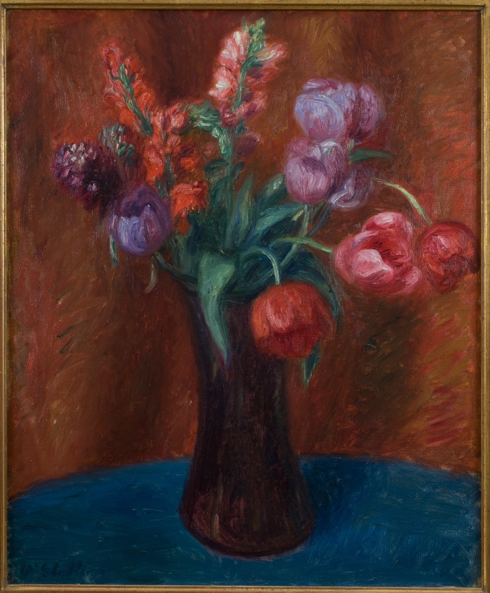 Painting of brown vase with red, purple, and pink tulips on blue tablecloth