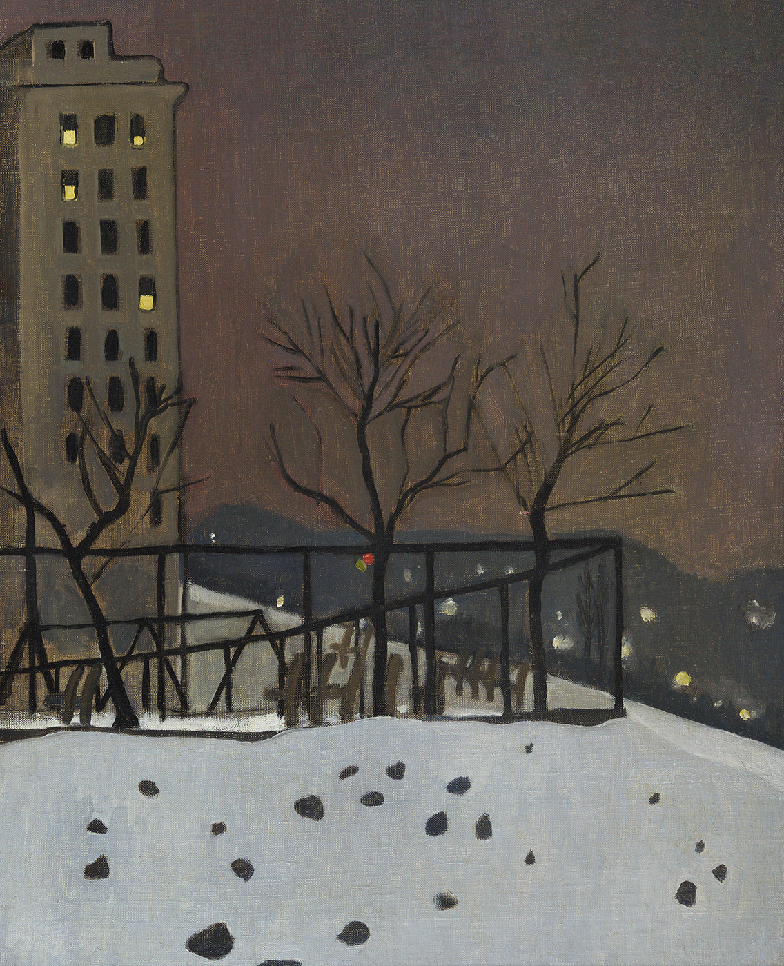 Painting of bare trees in snow, hills in background, apartment building on left.