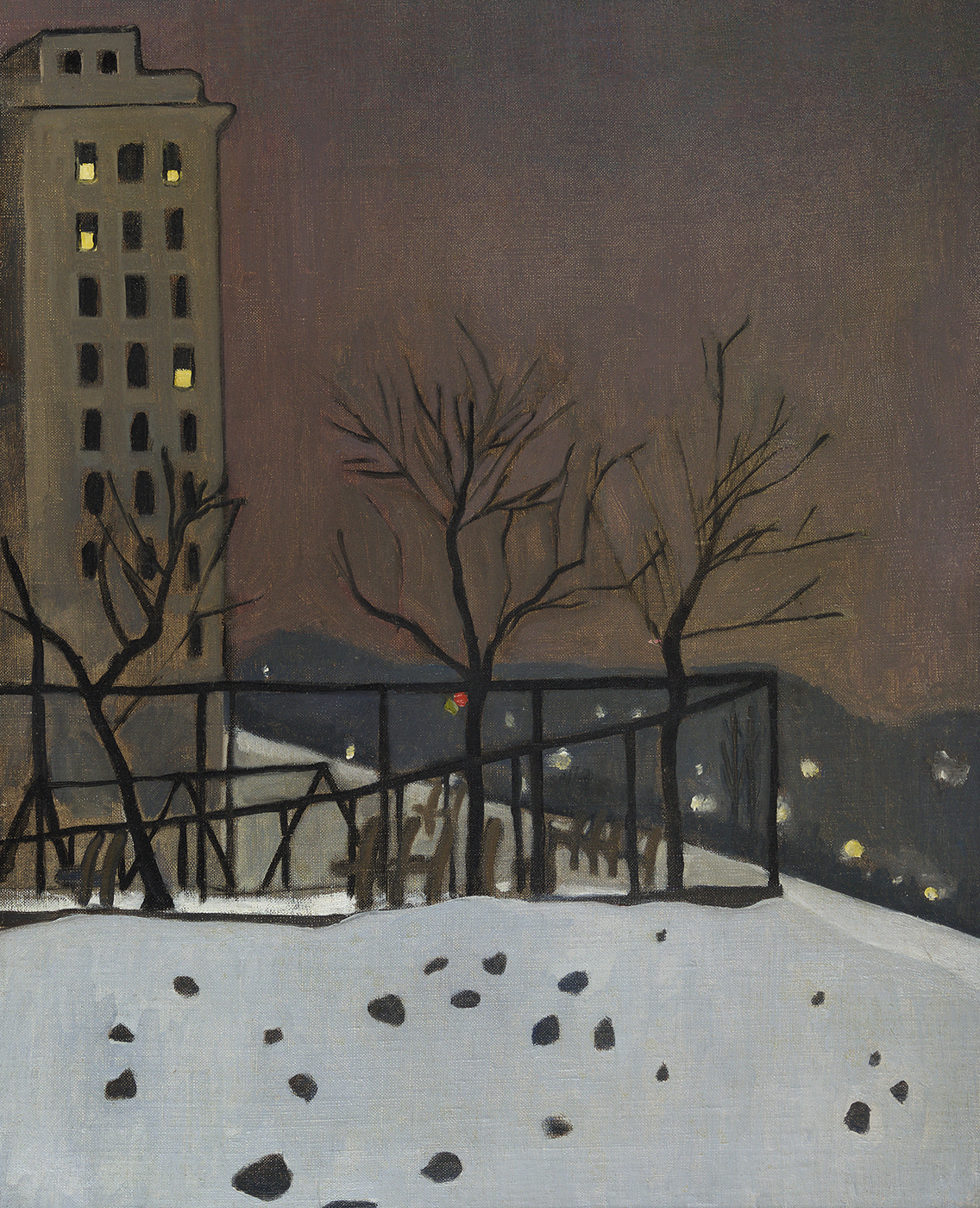 Painting of bare trees in snow, hills in background, apartment building on left