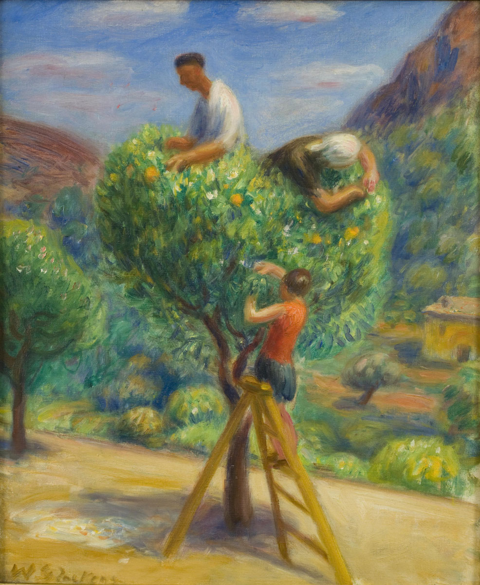 Oil painting of three figures picking fruit from a tree (one on ladder, two in tree)