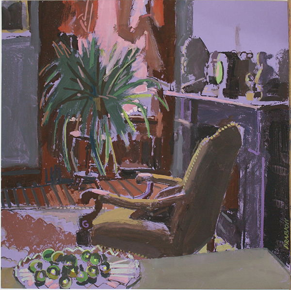 Gouache of brown chair facing a green plant with fireplace on right, all bathed in purple light