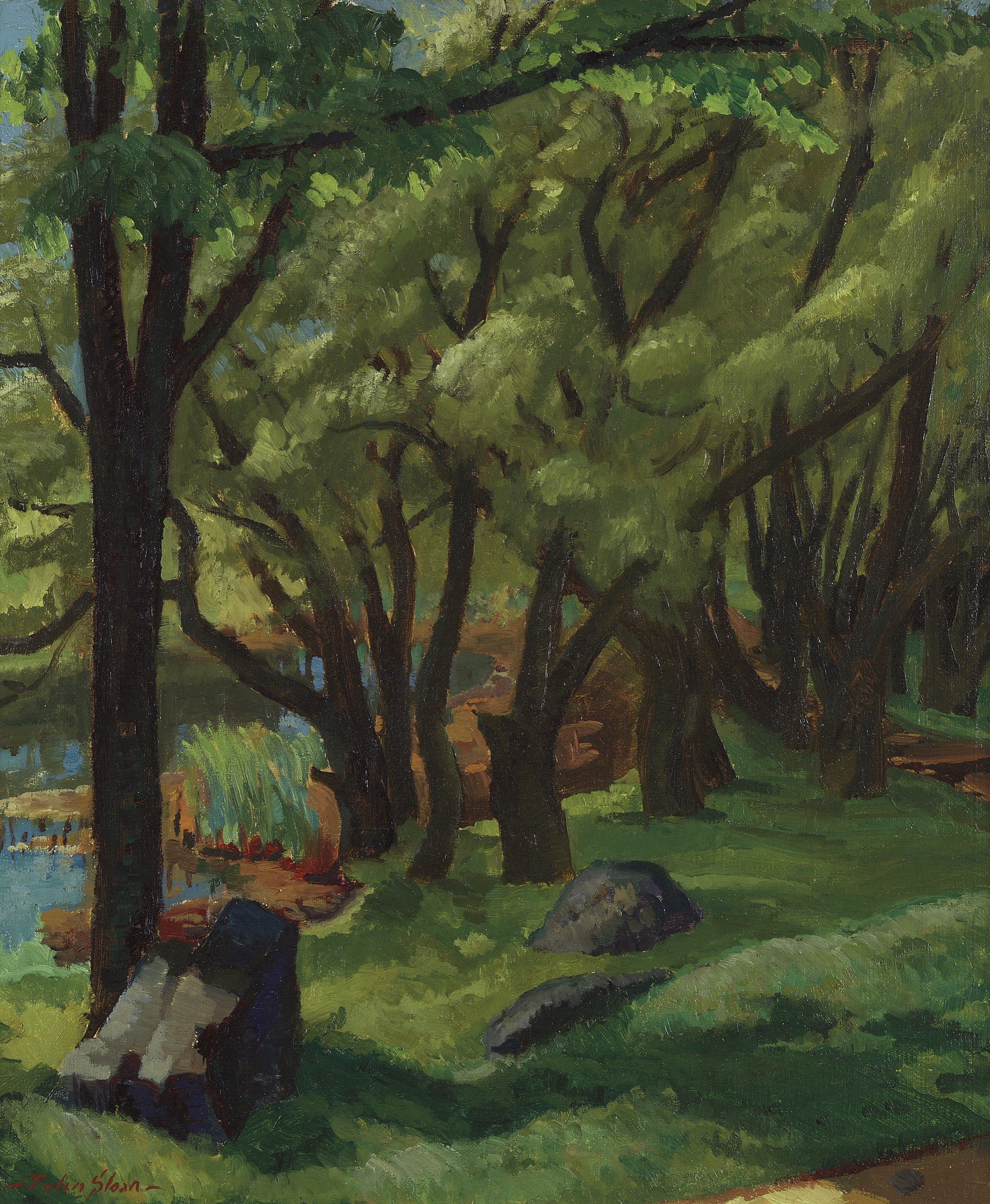 Painting of green field with tall willow trees, water on left