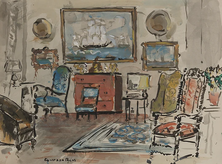 Watercolor of Harrison Cady’s studio: painting of sailboat on wall, five upholstered chairs in room, rug in middle.