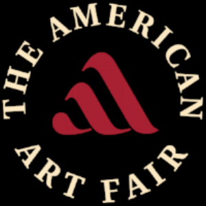 Graphic of text “The American Art Fair” circling a red symbol of “a” on black background