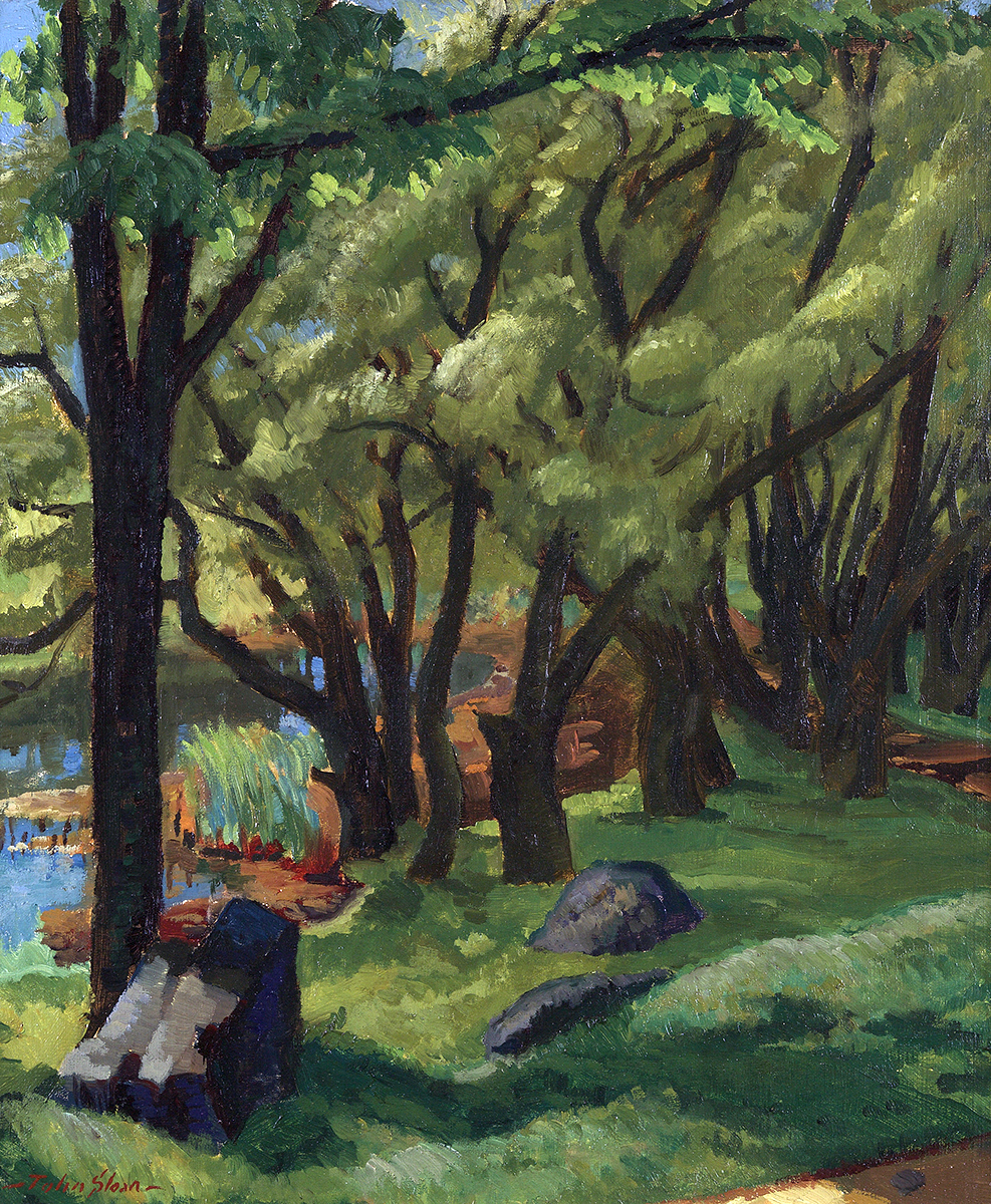 Painting of green field with tall willow trees, water on left
