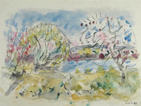 Watercolor of a waterfront (trees, plants, grass), water, and mountains in distance
