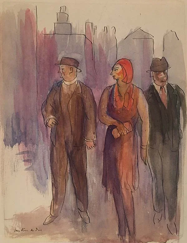 Watercolor of two men in hats and one woman in a red hat and dress in front of a purple background