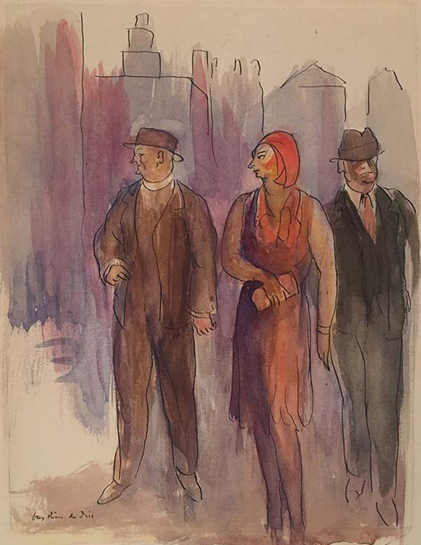 Watercolor of two men in hats and one woman in a red hat and dress in front of a purple background