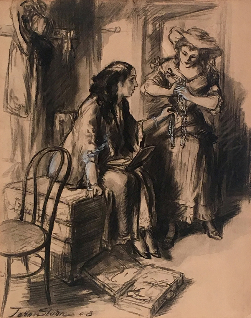 Illustration of two women, one sitting, one standing wearing a dress and hat, chair in foreground