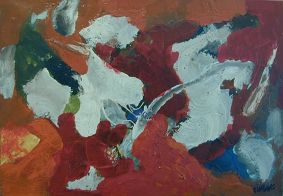 Abstract shapes (brushstrokes) in white, orange, red, blue, green, and yellow