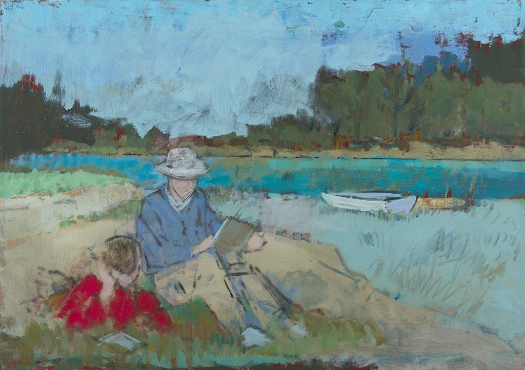 Oil painting of two figures reading in the grass (one wearing a blue shirt and one wearing a red shirt) next to lake with a rowboat on the right