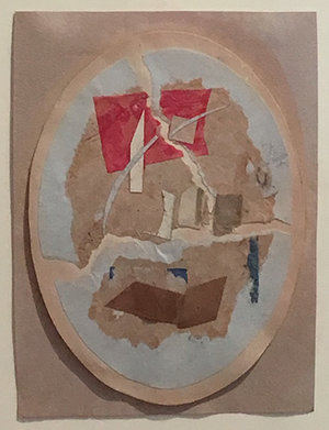 Collage of beige, red, brown, and blue paper in oval on pink/beige paper