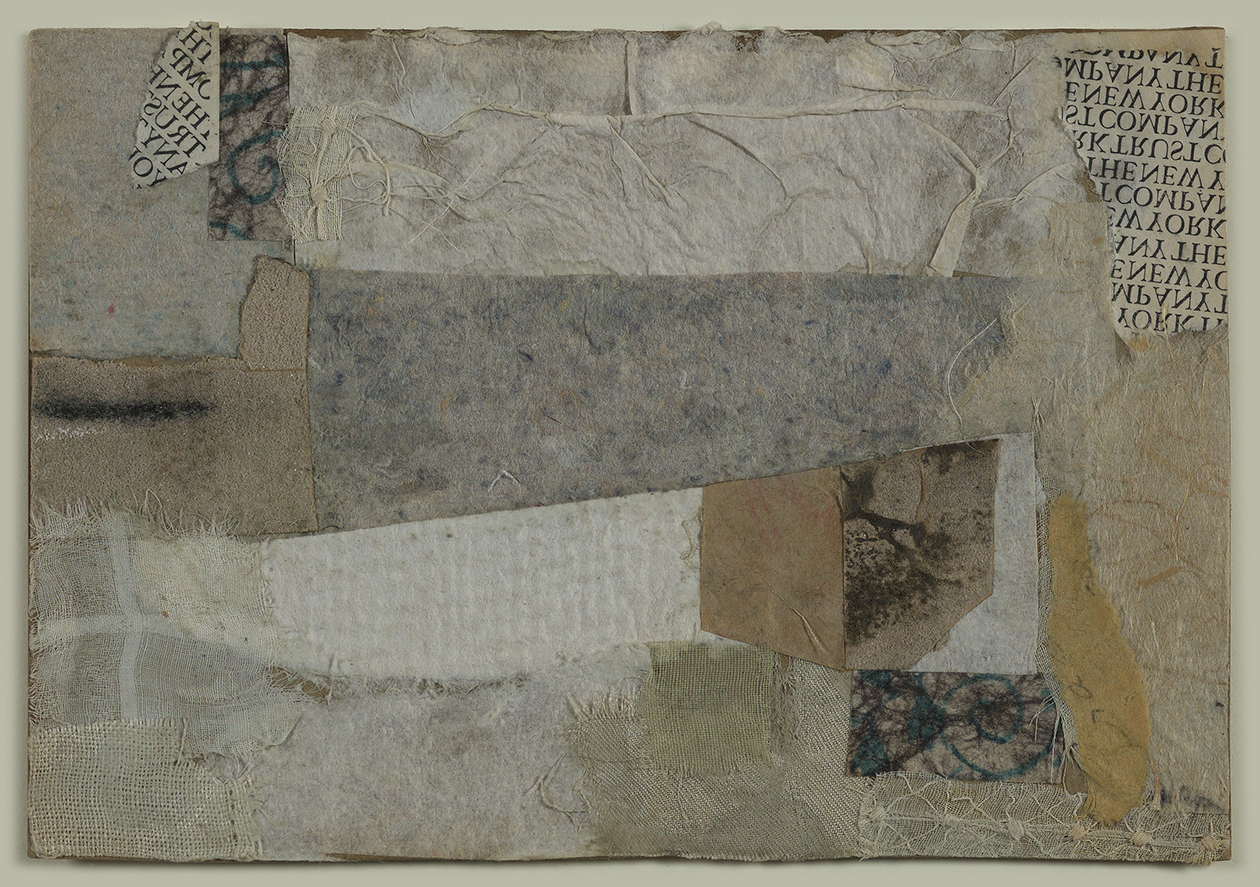 Collage of beige, blue, grey, brown, white, and text-covered paper and fabric