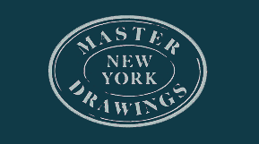 Graphic of text “Master Drawings New York” in white oval on blue background