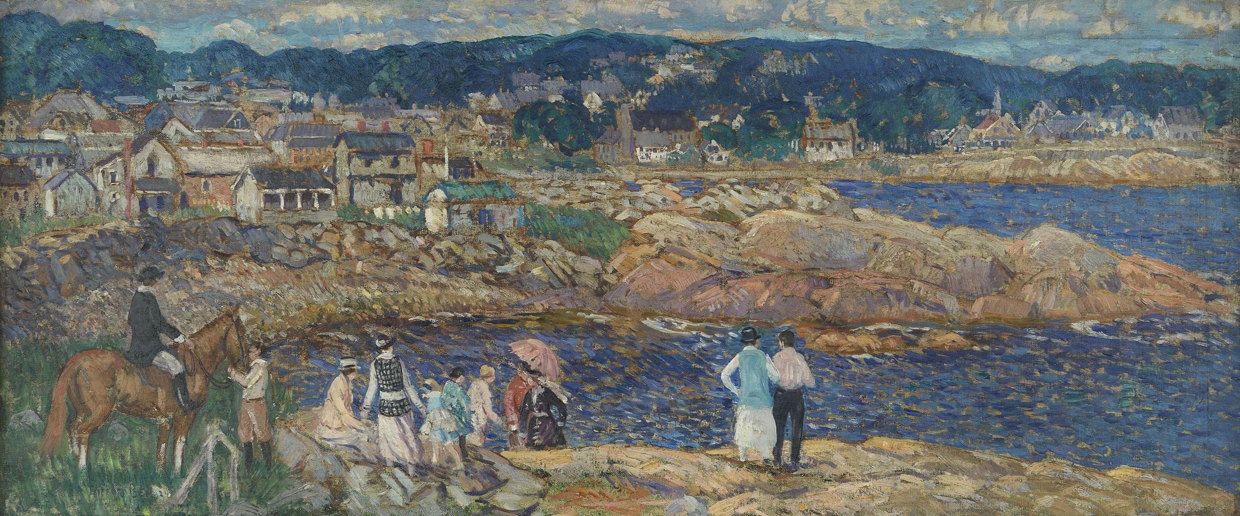 Painting of people standing on waterfront, horse (with rider) on left, houses and mountains in background.