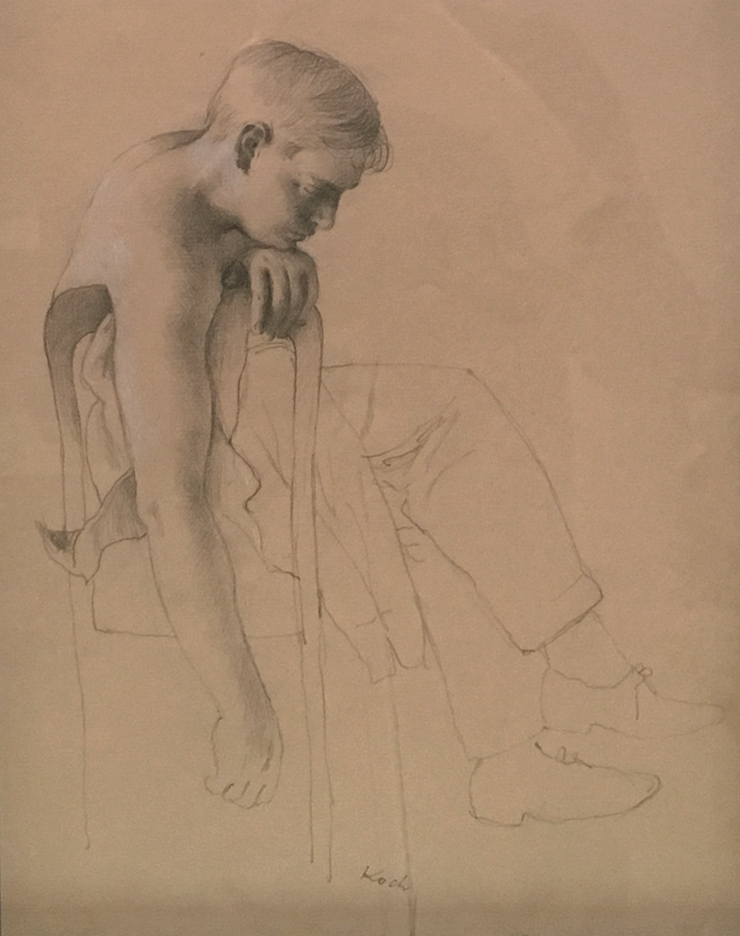 Drawing of shirtless boy leaning on chair