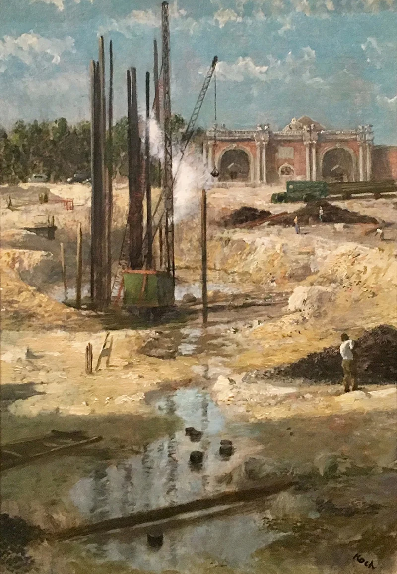 Oil painting of a park scene under construction featuring a pile driver and multiple figures working.