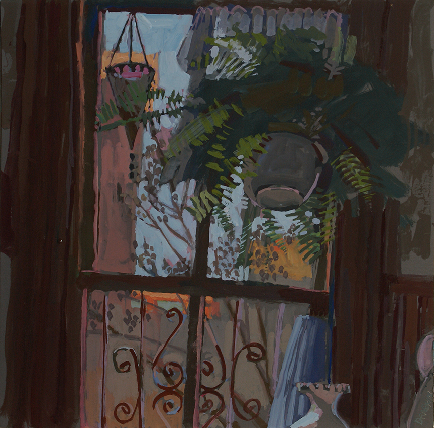 Gouache of an interior scene looking at an open window with a large hanging fern. 