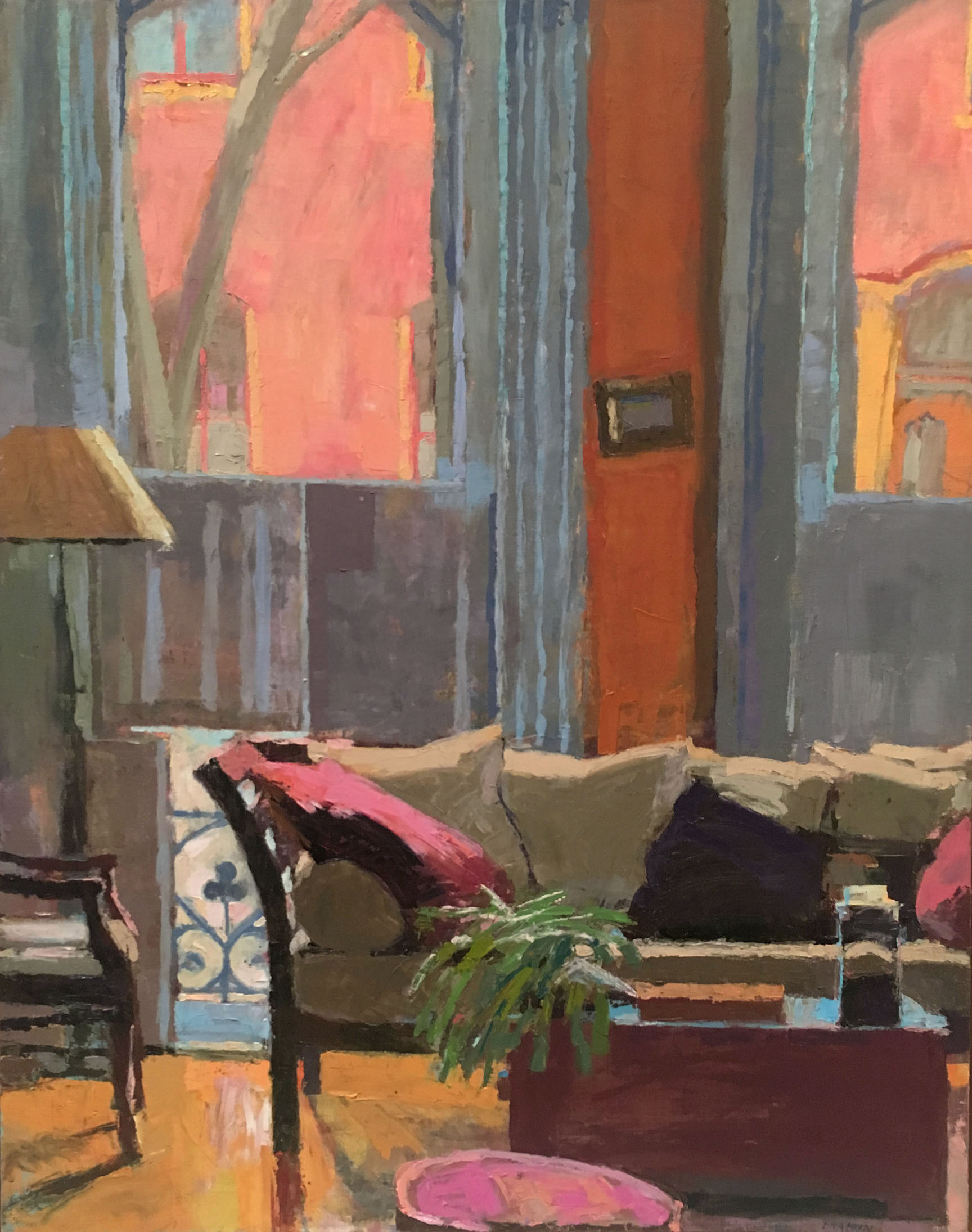 Oil painting of a living room with a couch and two large windows. 