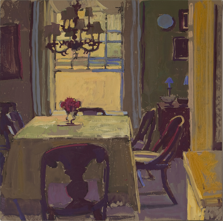 Interior scene with a dining room table, six chairs and a chandelier. 