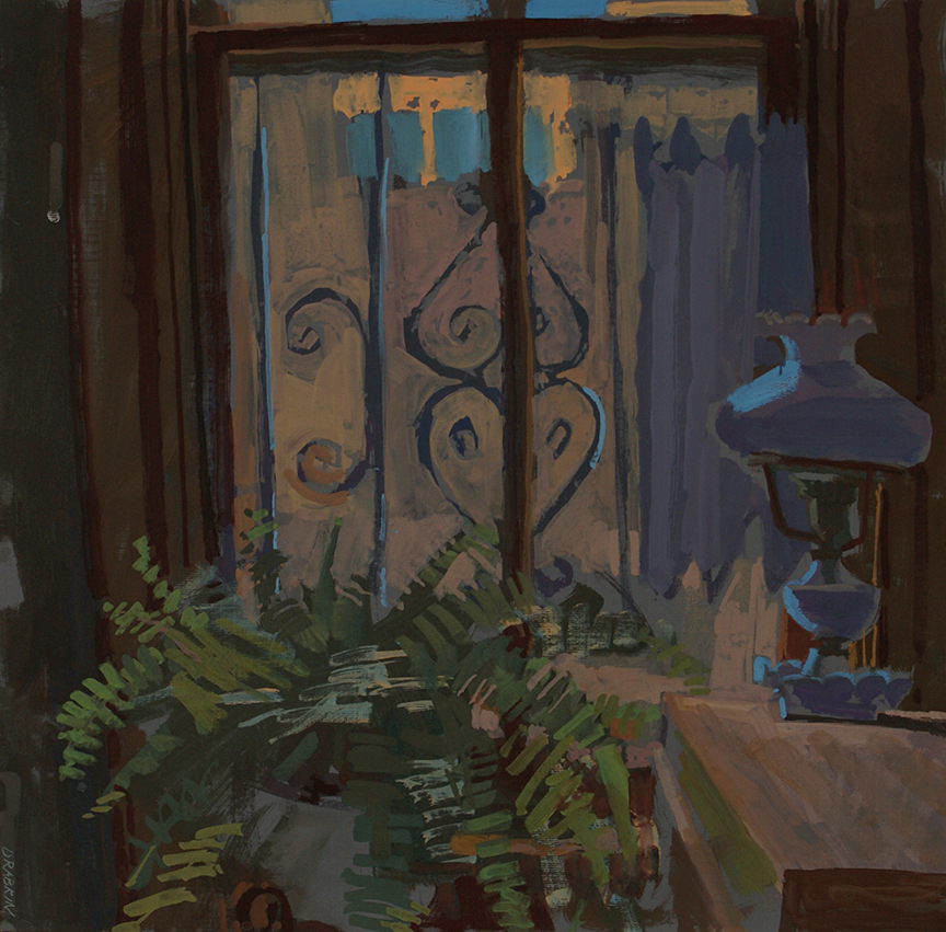 Gouache of a large fern and antique lamp in front of a window. 