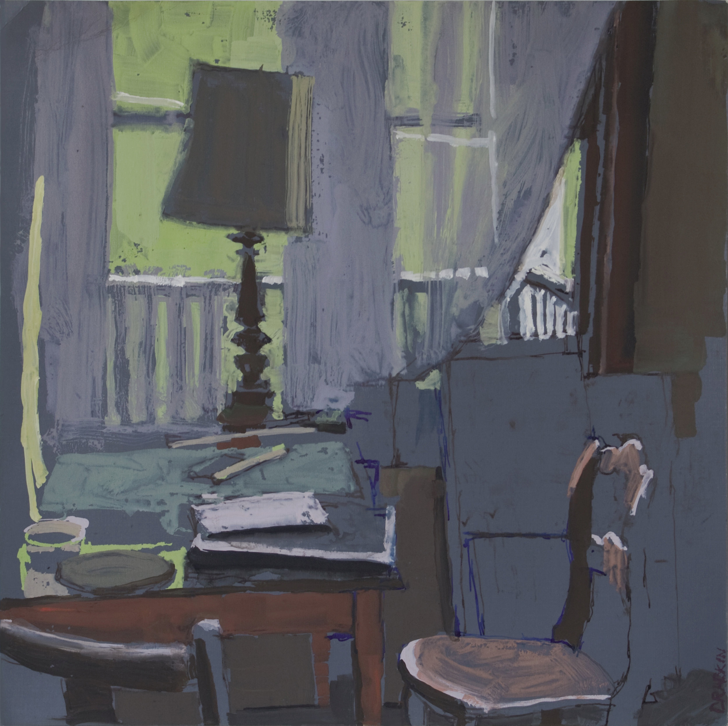 Gouache of an interior scene with a desk, chair, and lamp in front of an open window. 
