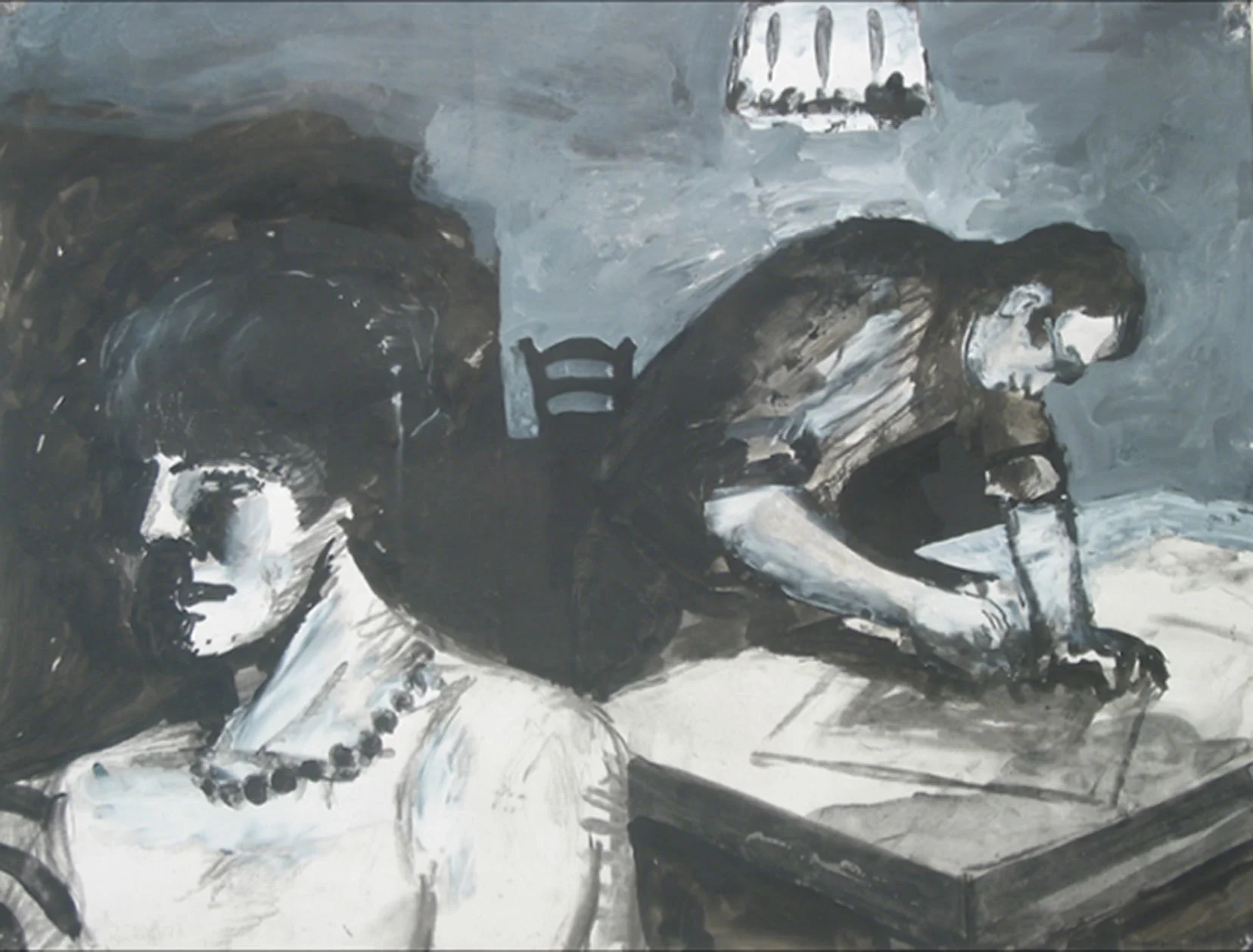 Black and white drawing of a female model in pearls in the foreground and the artist working behind her.