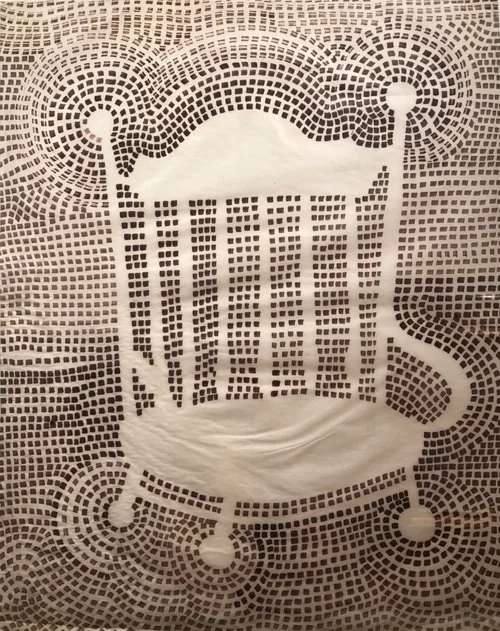 Image of a chair with six bars, made visible through the negative space of a mosaic pattern of marker on paper.