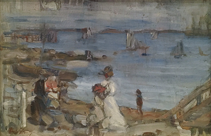 Figures by a harbor scene 