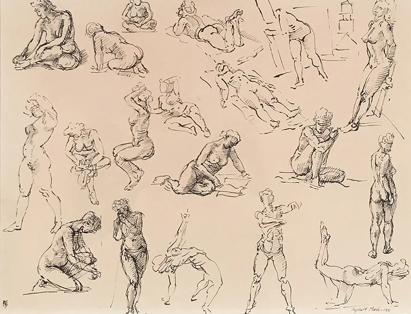 Ink and pen on paper of female figure studies in various positions