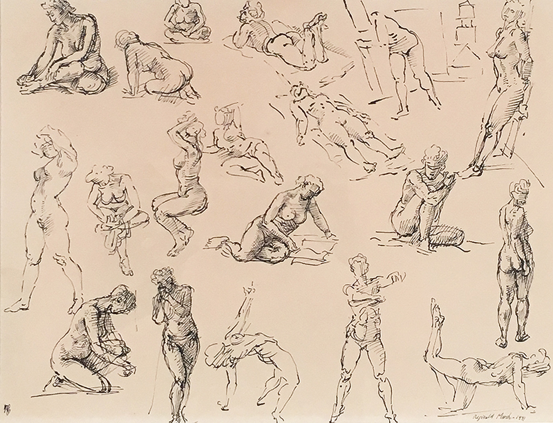 Pen and ink on paper of female figure studies in various positions