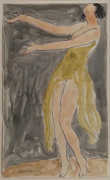 Watercolor of Isadora Duncan dancing in a yellow dress