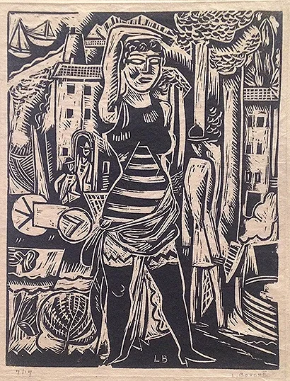 Woodcut of woman preparing to sun bathe.