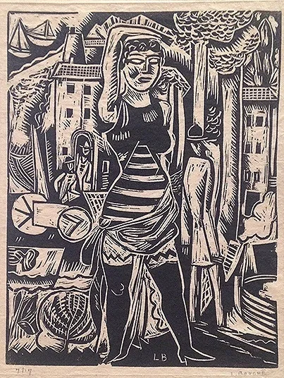 Woodcut of a woman getting ready to sun bathe. 
