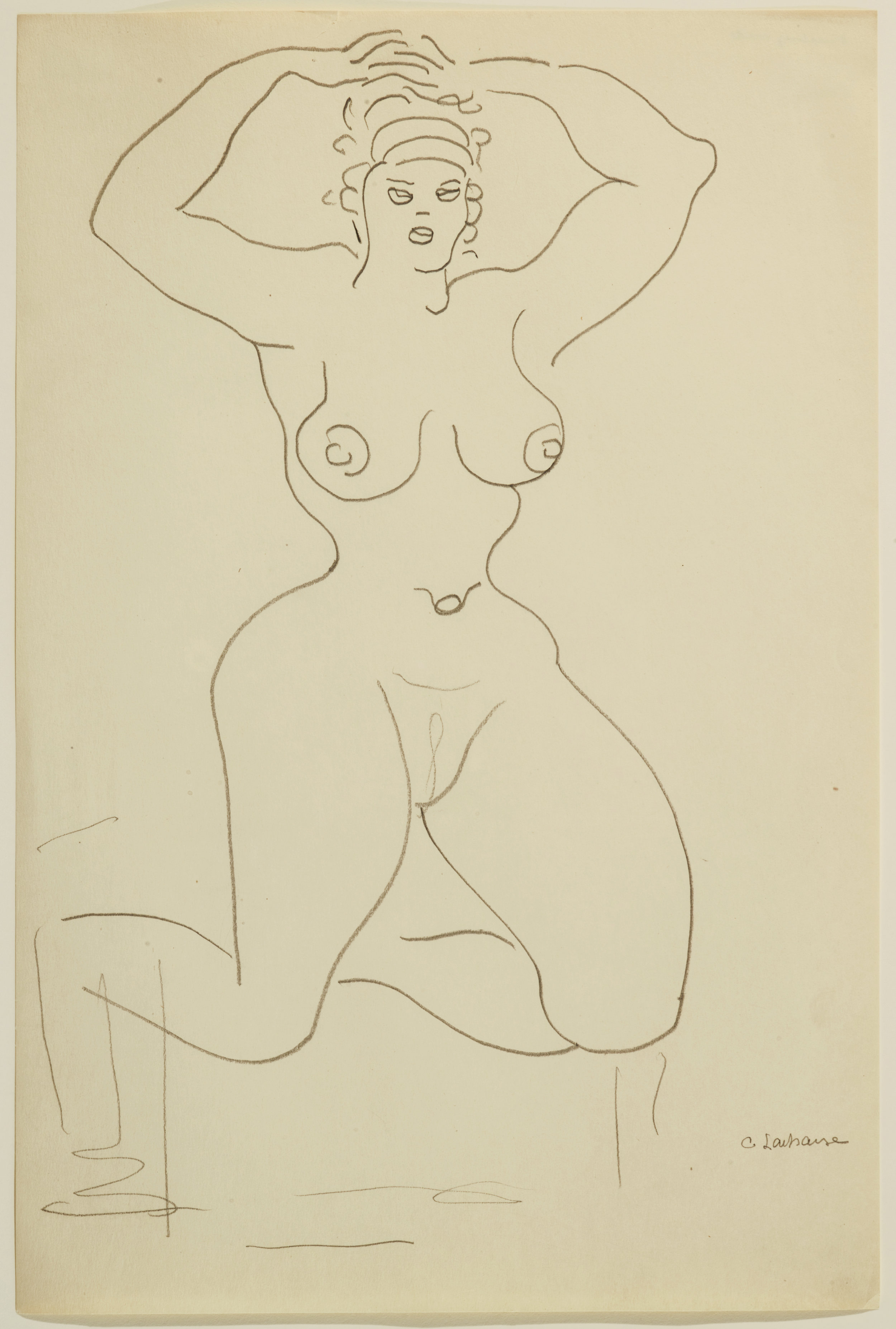 Pencil drawing of a kneeling nude woman