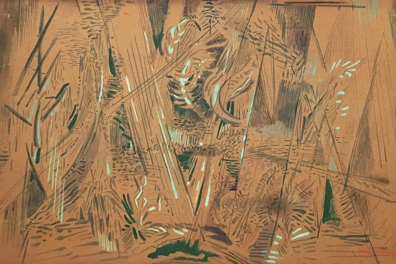 Semi-abstract image of a rainstorm using gouache, watercolor and graphite on board by Karl Schrag