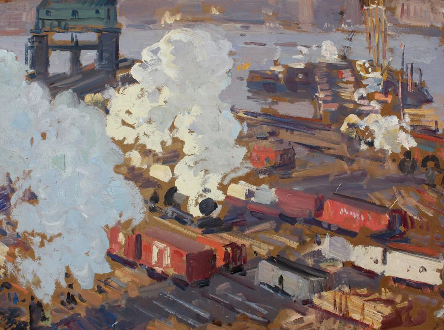 Image of railway yards with steam in New York City with red, blue, browns, and grays by Gifford Beal