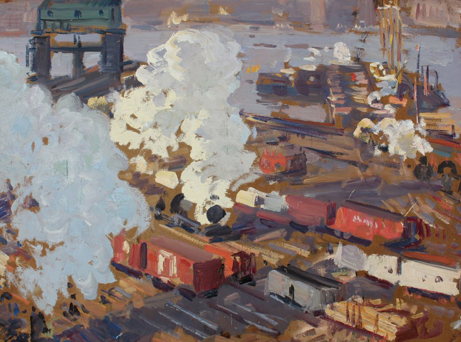Image of railway yard with steam in blue, red, browns, and grays by Gifford Beal
