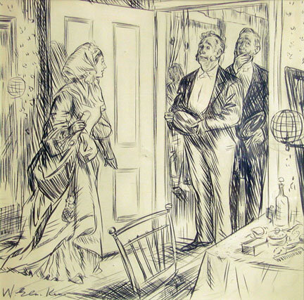 Ink and pencil drawing of two men in the doorway engaging with a woman in the room. 