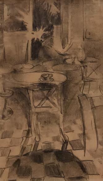 Graphite drawing of cafe scene in Barcelona 