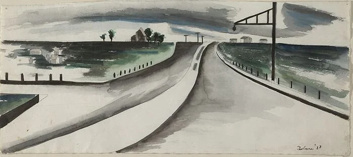 Watercolor of a highway with greens blues and greys.