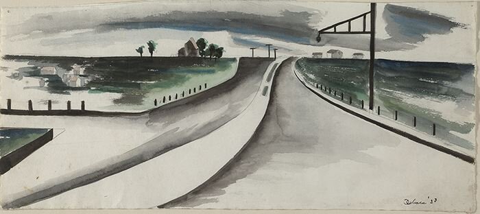 Watercolor of highway with blue, greens, and greys.