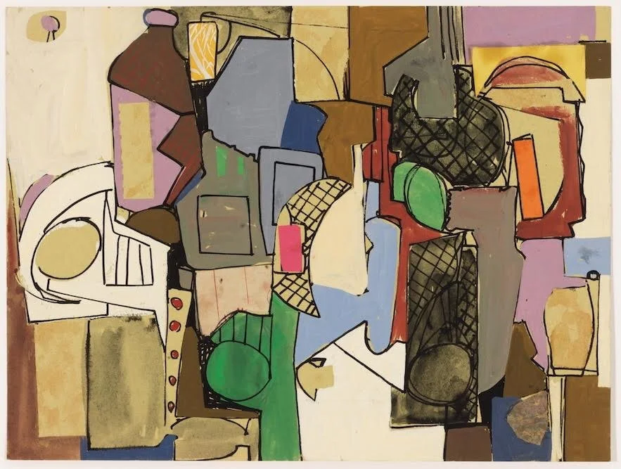 Compact abstract scene with green shape in center of composition