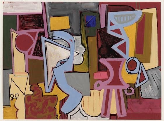 Abstract still life scene in pinks, reds, yellows, and blue