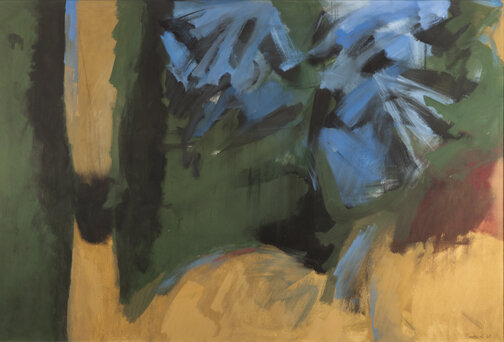 Abstract landscape of Dogtown, Massachusetts in green, yellow, blue, and red