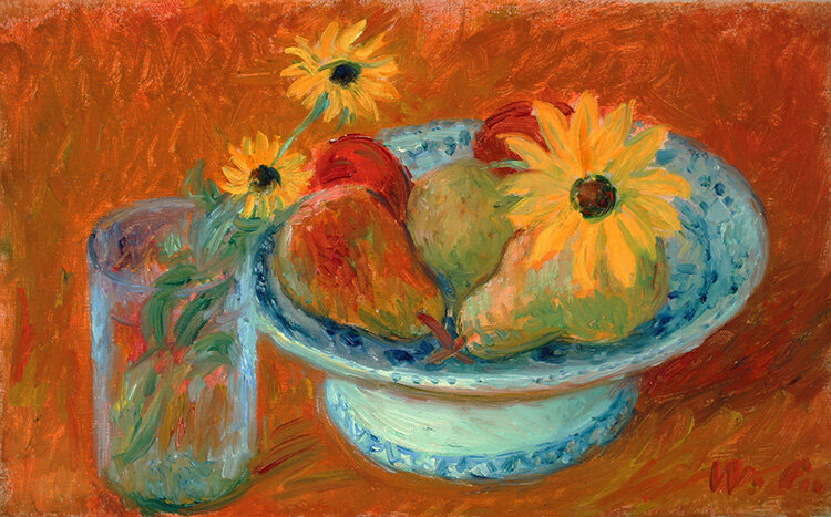 Still life painting of fruit and daisies in a white bowl. More daisies in a glass on the left. 