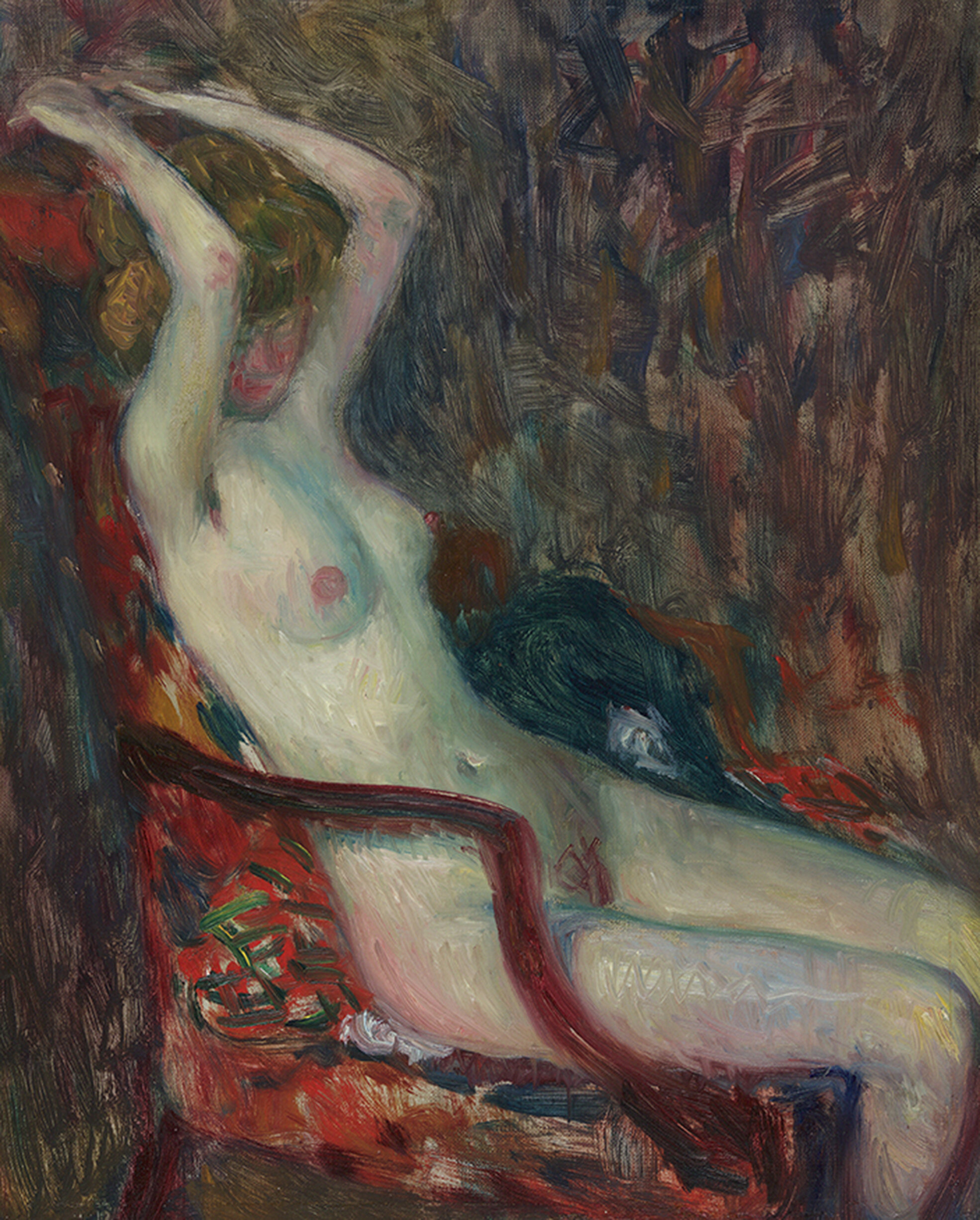 Painting of nude woman sitting on a chair with arms over her head
