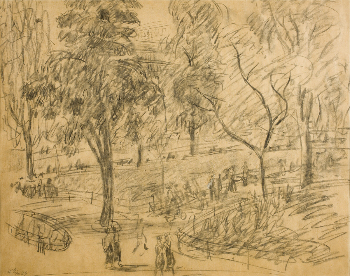 Drawing of a New York City park with figures walking around 